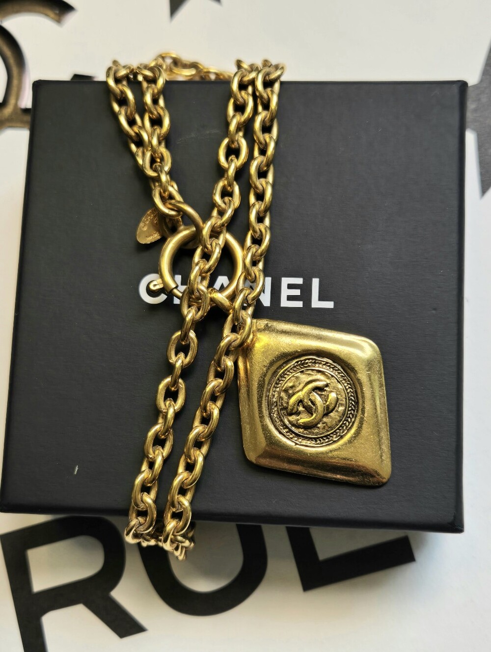 #161 - Chanel Coco Mark Diamond Motif Necklace, Gold Plated - VINTAGE